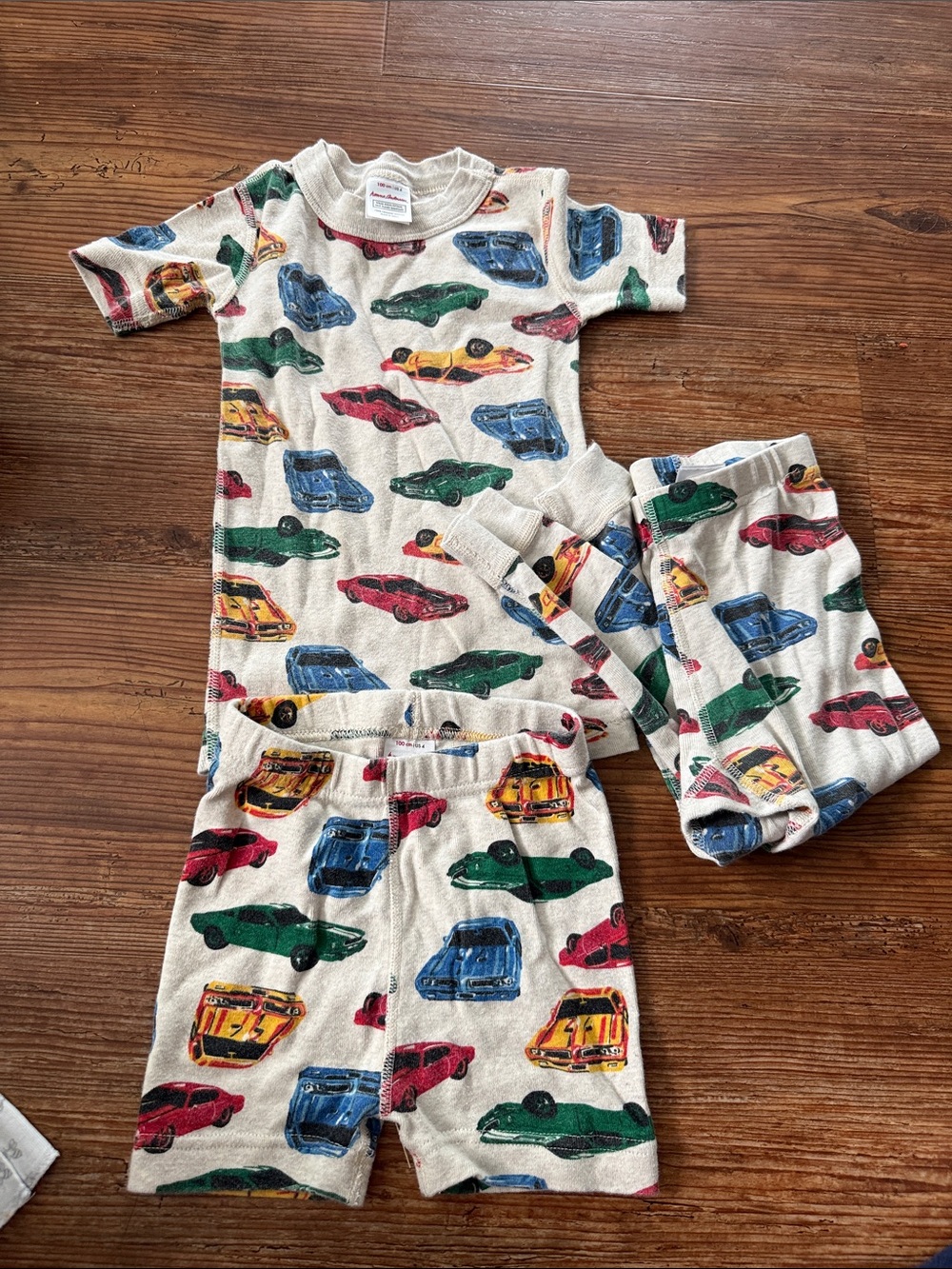 Kids Car Print Pajama Set Cream with Red Blue Green Cars 3t pants 4t short set